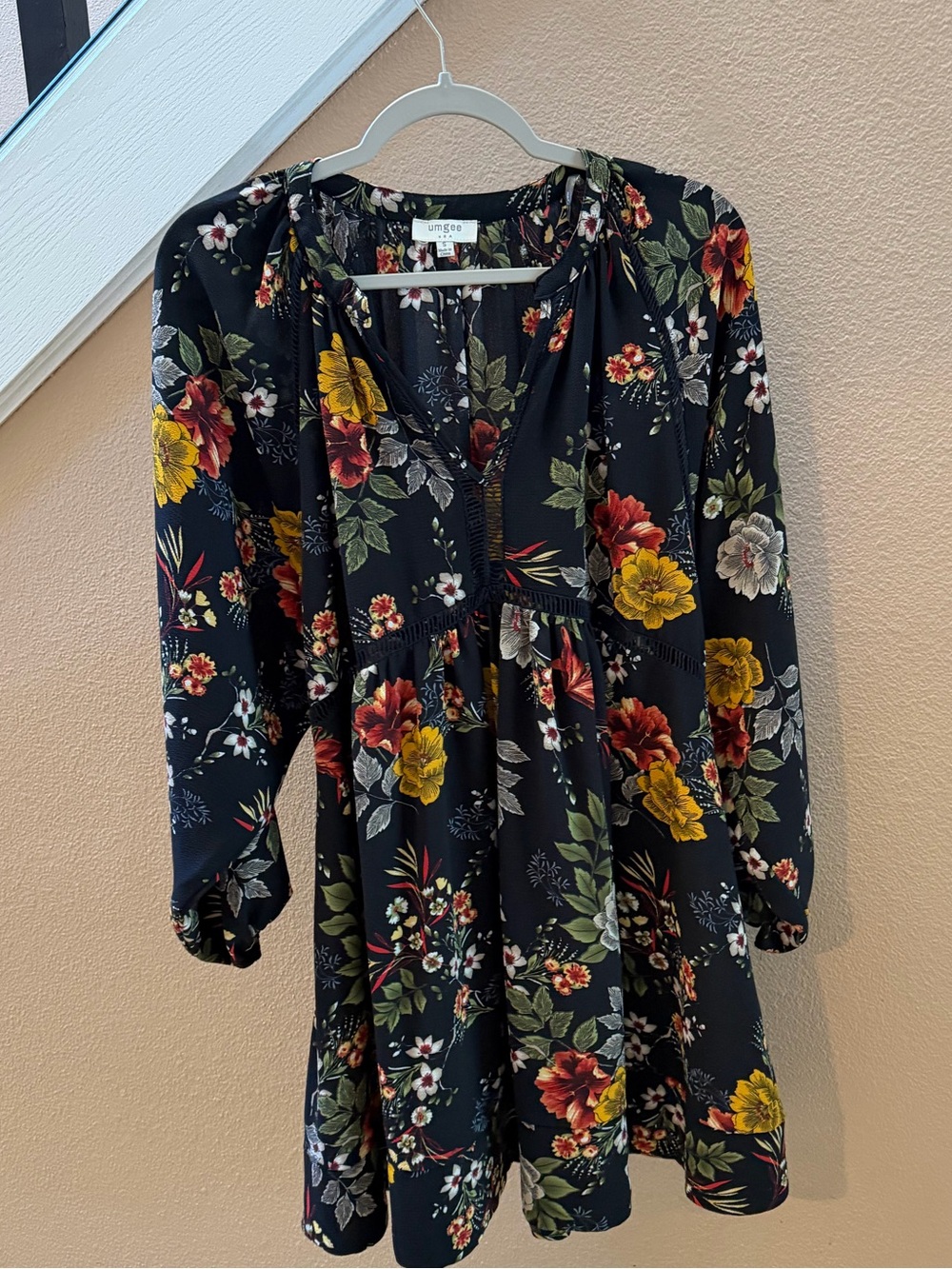Umgee Black Floral Long Sleeve Mini Dress with Yellow & Red Blooms